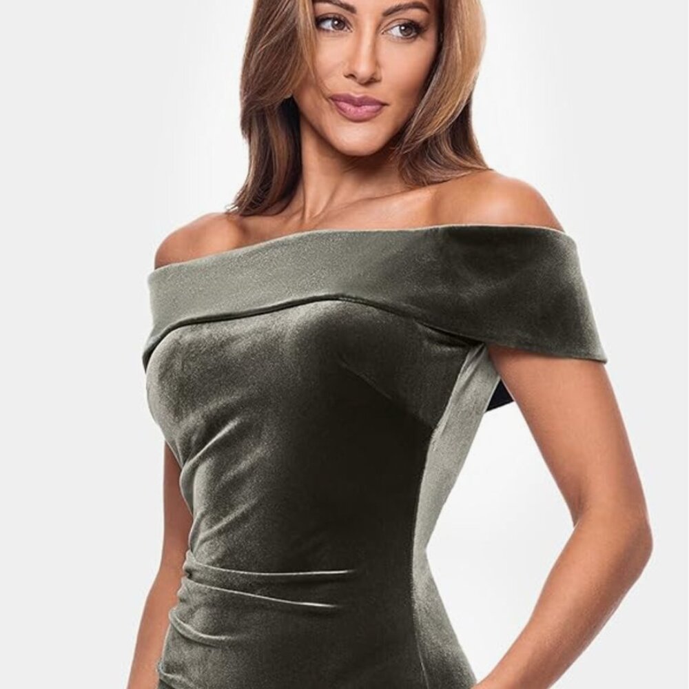 Xscape Lori Off-the-Shoulder Velvet Gown, Moss, Size: 8